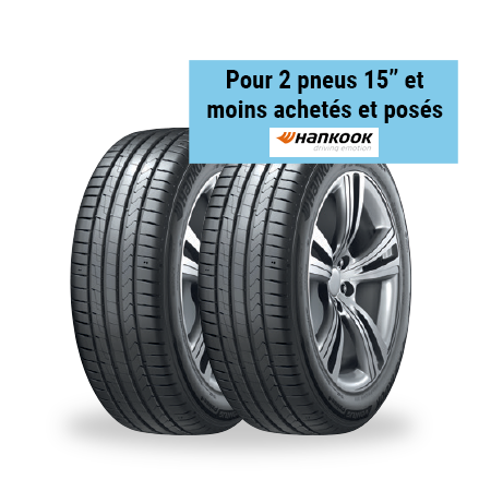 POUR 2 PNEUS 15" ET MOINS ACHETÉS ET POSÉS SUR LA GAMME ÉTÉ ET 4 SAISON DE LA MARQUE HANKOOK code EAN 88085634275770 