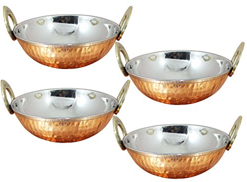 Avs Stores ® AVS les® Lot de 4, cuivre indien Service Karahi Dîner Légumes Bol Avec Poignée En Laiton Massif pour nourriture indienne, diamètre 15 cm (15,2 cm) code EAN 8904252513641 