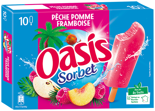 OASIS 10 BÂTONNETS GLACÉS SORBET PÊCHE POMME FRAMBOISE code EAN 9000289 
