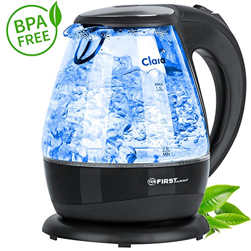 TZS First Austria Bouilloire en verre | 2200 W | avec LED bleu intégrée | sans BPA | acier inoxydable | sans fil | 1,5 l | électrique | noir | filtre antitartre | pivotable à 360 degrés | code EAN 9003898540635 