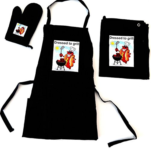 Tinas Collection TABLIER DE CUISINE DESIGN DRESSED TO GRILL + UN TORCHON + UN GANT DE CUISINE - Collection de Tina code EAN 9120051279673 