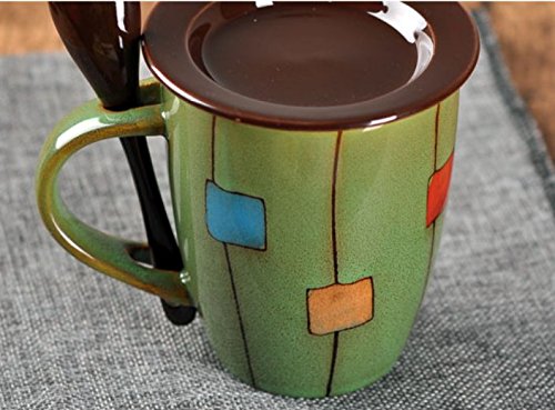 Fuf.Mcl fuf. MCL Creative Type de tambour en céramique peint à la main tasses Home Lait Tasse de café tasses bol d'eau avec le couvercle de bureau avec la cuillère vert gazon drum-cup W/Housse 9135415210711 (9135415210711)