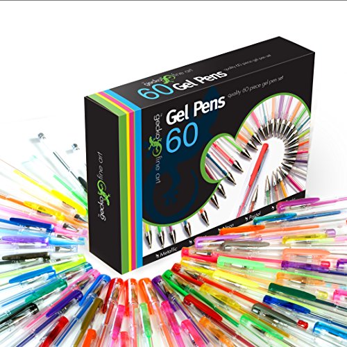 Gecko Fine Art 60 Gel Pen Set, Couleurs - Métallique, Glitter, néon, pastel, de base, Stationery Office Retour à l'école d'art Fournitures, coloriage Stylos Jouets pour enfants, adultes Coloring Book Stylos Packs dessin, croquis, Gel Stylos code EAN 9421903604712 