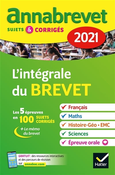  L'INTEGRALE DU BREVET : 2021 HATIER code EAN 9782401064263 
