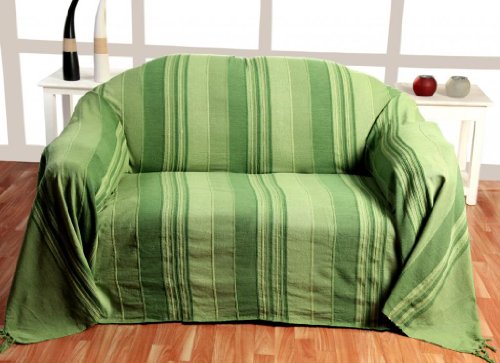 Homescapes Jeté de lit/jeté de canapé vert à rayures de 230 x 255 cm en pur coton appartenant à la collection "stripes" code EAN B003ZSWPLQ 