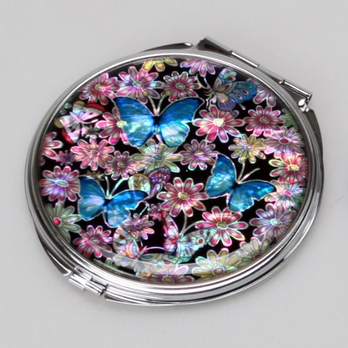 Miroir Compact Asiatique Nacre Papillon Amour B...