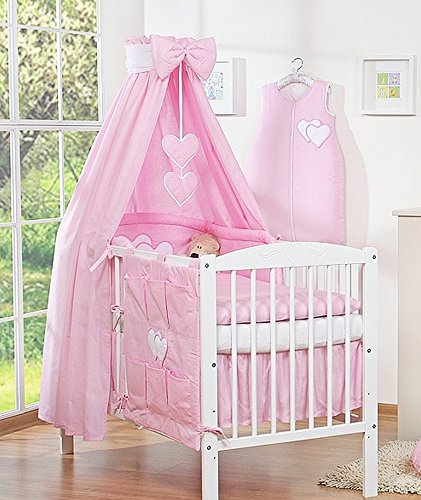 Ciel de lit bébé enfant en tissu rose à coeurs