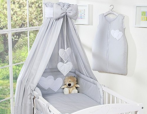 Ciel de lit bébé enfant en tissu gris à coeurs