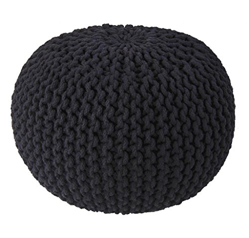 Pouf rond noir en 100% coton tricoté main