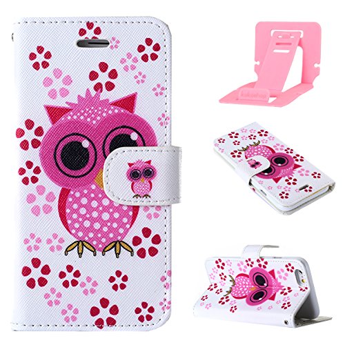 Coque de apple iphone 5c mode, cute animaux dessin couleur chouette owl mignon flip cover case cas etui avec support pour iphone 5c, fermeture magnetique portefeuille shell de protection couverture notebook style housse en cuir pour iphone 5c - hibou rose + 1x cartes gratuites se tiennent (couleur aléatoire) B019Q5FTTG Ekakashop