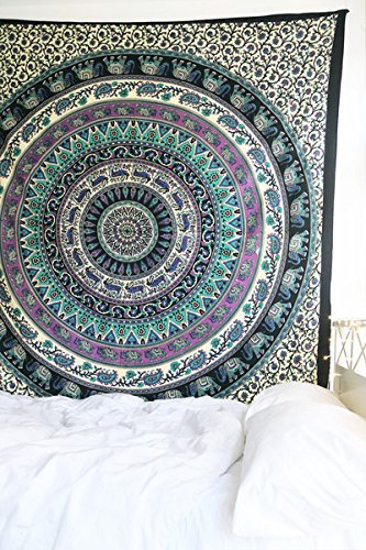 Tenture Murale & Couvre-lit Mandala Indien Bleu - 100% Coton Taille Queen (240x215 Cm)