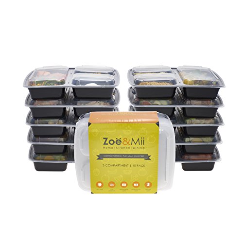 Zoe & Mii [Paquet de 10]Contenants alimentaires haut de gamme à 3 compartiments pour la préparation de repas|Compatible micro-ondes|Sécuritaire pour lave-vaisselle , four micro-ondes et d'un congélateur|Réutilisable| Boîte à lunch bento|Lunch Box|Lunchbox| boite hermitique| Tupperware|conteneur de contrôle de la partie|culturisme|perte de poids| de Zoe&Mii code EAN B01ASAVNWK 