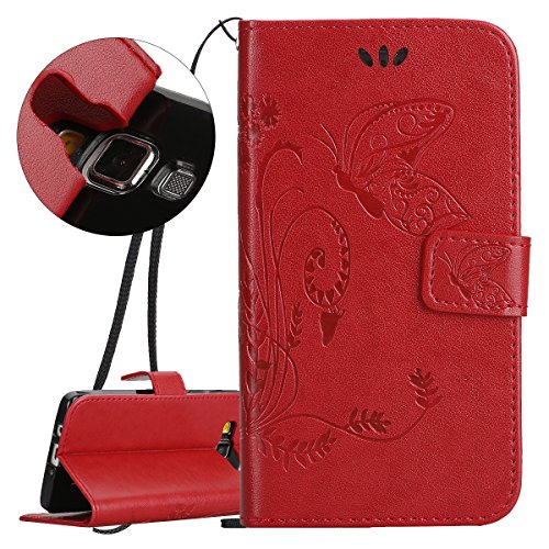 Coque pour Samsung Galaxy A5 (Pas pour A5 2016), Etui pour Samsung Galaxy A5, ISAKEN Coloré Fleur Papillon Style PU Cuir Flip Magnétique Portefeuille Etui Housse de Protection Coque Étui Case Cover avec Portable Dragonne Stand Support et Carte de Crédit Slot pour Samsung Galaxy A5 5 Pouces (Fleur Rouge) B01ESW1TQO ISAKEN