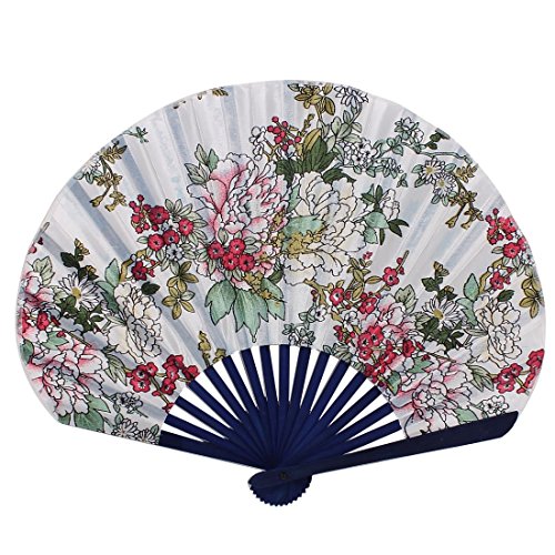Bambou Cadre Motif floral main Folding Fan Bleu