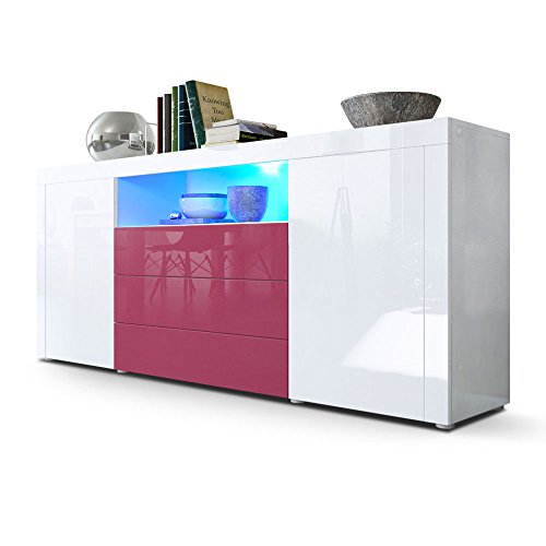 Vladon Buffet Armoire Santiago, Corps en Blanc haute brillance / Façades en Blanc haute brillance et Fuchsia haute brillance avec l'éclairage LED code EAN B01G3PQ41Y 