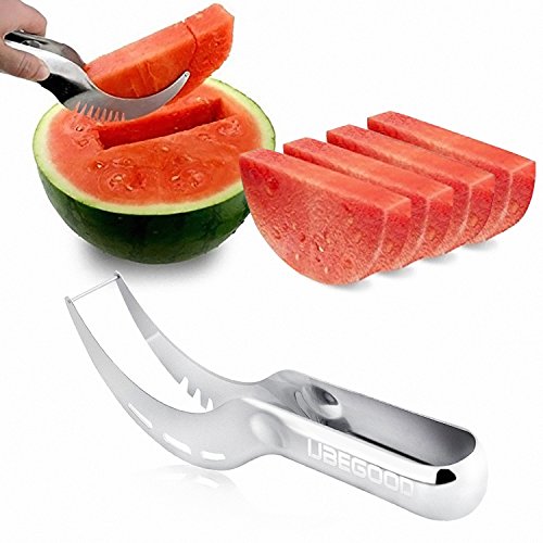 Ubegood Pastèque tranche, Ubegood Cuisine watermelon slicer Couteau découpe pastèque/ Coupe pastèque antidérapant et double lame en acier inoxydable(Argent) code EAN B01G8JRY7I 