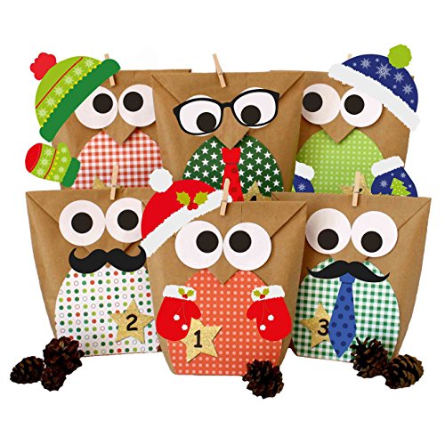 Calendrier de l'Avent à bricoler - hiboux de Noël rouges avec d'autocollants suplèments - calendrier de l'Avent à garnir B01HC057V2 Papierdrachen