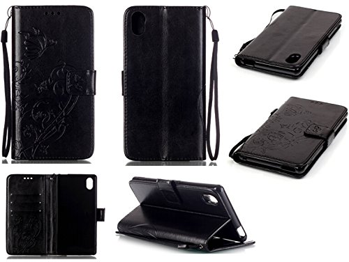 Funyye Coque Etui pour Sony Xperia M4/M4 Aqua,Sony Xperia M4/M4 Aqua Lanyard Strap Coque Dragonne Carrying Portable Etui,Funyye Elegant Slim [Papillon Fleur Gaufré] Embossed Coque de Protection en Cuir Folio Housse PU Cuir Portefeuille Relief papillon Coque Housse Case Cover Coquille Couverture avec Fonction Stand et Fentes de Carte de Crédit pour Sony Xperia M4/M4 Aqua + 1x Gratuit Protecteur D'écran - Noir code EAN B01IAWIYFM 