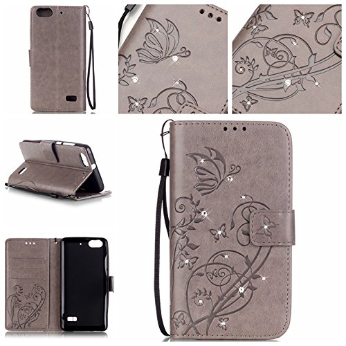 Pour huawei honor 4c bookstyle étui,housse pu cuir strass diamant mousseux coque de protection portefeuille pochette stand sac bookstyle couvrir avec fonction motif retro fleur de papillon housse en cuir case à avec dragonne rabat coque de intérieure protection souple coque portefeuille tpu silicone case cover pour huawei honor 4c - gris B01IN6L9RA Cozy Hut