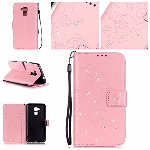 Pour huawei honor 5c bookstyle étui,housse pu cuir strass diamant mousseux coque de protection portefeuille pochette stand sac bookstyle couvrir avec fonction motif retro fleur de papillon housse en cuir case à avec dragonne rabat coque de intérieure protection souple coque portefeuille tpu silicone case cover pour huawei honor 5c - rose B01IN6LLHI Cozy Hut