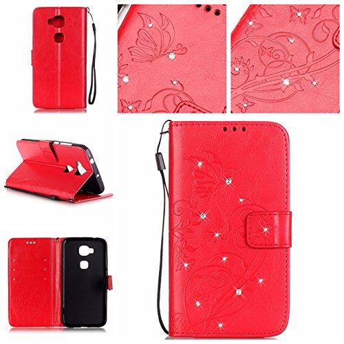 Cozy Hut Pour huawei g8 bookstyle étui,housse pu cuir strass diamant mousseux coque de protection portefeuille pochette stand sac bookstyle couvrir avec fonction motif retro fleur de papillon housse en cuir case à avec dragonne rabat coque de intérieure protection souple coque portefeuille tpu silicone case cover pour huawei g8 - rouge code EAN B01IN6LOFC 