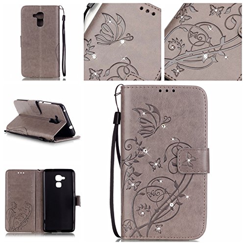 Pour huawei honor 5c bookstyle étui,housse pu cuir strass diamant mousseux coque de protection portefeuille pochette stand sac bookstyle couvrir avec fonction motif retro fleur de papillon housse en cuir case à avec dragonne rabat coque de intérieure protection souple coque portefeuille tpu silicone case cover pour huawei honor 5c - gris B01IN6LP74 Cozy Hut