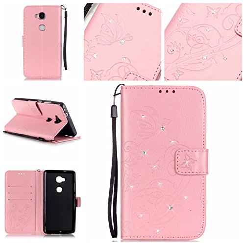 Pour huawei honor 5x bookstyle étui,housse pu cuir strass diamant mousseux coque de protection portefeuille pochette stand sac bookstyle couvrir avec fonction motif retro fleur de papillon housse en cuir case à avec dragonne rabat coque de intérieure protection souple coque portefeuille tpu silicone case cover pour huawei honor 5x - rose B01IN6M262 Cozy Hut