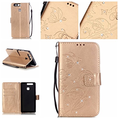 Cozy Hut Pour huawei p9 bookstyle étui,housse pu cuir strass diamant mousseux coque de protection portefeuille pochette stand sac bookstyle couvrir avec fonction motif retro fleur de papillon housse en cuir case à avec dragonne rabat coque de intérieure protection souple coque portefeuille tpu silicone case cover pour huawei p9 - d'or code EAN B01IN6MJ1K 