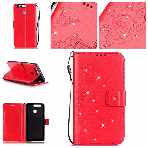 Cozy Hut Pour huawei p9 bookstyle étui,housse pu cuir strass diamant mousseux coque de protection portefeuille pochette stand sac bookstyle couvrir avec fonction motif retro fleur de papillon housse en cuir case à avec dragonne rabat coque de intérieure protection souple coque portefeuille tpu silicone case cover pour huawei p9 - rouge code EAN B01IN6MMU8 