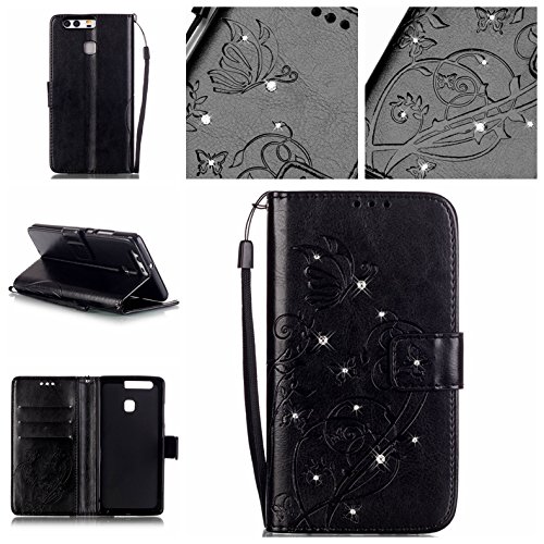 Cozy Hut Pour huawei p9 bookstyle étui,housse pu cuir strass diamant mousseux coque de protection portefeuille pochette stand sac bookstyle couvrir avec fonction motif retro fleur de papillon housse en cuir case à avec dragonne rabat coque de intérieure protection souple coque portefeuille tpu silicone case cover pour huawei p9 - noir code EAN B01IN6MRFS 