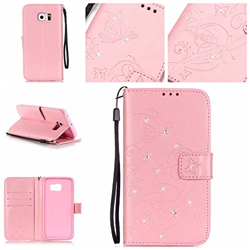 Coque Etui pour Galaxy S6 Edge,Galaxy S6 Edge Cuir Portefeuille Coque Housse,Galaxy S6 Edge Wallet Case Cover Leather,Cozy Hut Etui de protection Case Cover PU cuir Portefeuille pour Galaxy S6 Edge,Papillon et Fleur incrusté Brillant Glitter Diamant Strass Flip Housse de protection Cas Cover Coquille Couverture avec Stand et les fentes de carte de crédit pour Samsung Galaxy S6 Edge - rose B01IP27EXU Cozy Hut