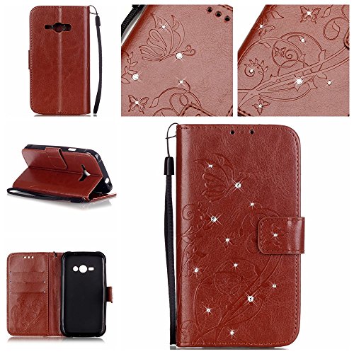 Coque Etui pour Samsung Galaxy J1 Ace J110,Galaxy J1 Ace Coque Dragonne Portefeuille PU Cuir Etui,Galaxy J1 Ace Neo Coque de Protection en Cuir Folio Housse,Galaxy J1 Ace Leather Case Wallet Flip Protective Cover Protector,Cozy Hut Etui de Protection PU Cuir Portefeuille Relief papillon Coque Housse Swag Case Cover Coquille Couverture avec Fonction Stand et Fentes de Carte de Crédit pour Samsung Galaxy J1 Ace J110 - brun B01IP28VSW Cozy Hut
