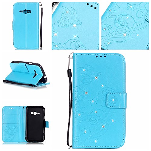 Coque Etui pour Samsung Galaxy J1 Ace J110,Galaxy J1 Ace Coque Dragonne Portefeuille PU Cuir Etui,Galaxy J1 Ace Neo Coque de Protection en Cuir Folio Housse,Galaxy J1 Ace Leather Case Wallet Flip Protective Cover Protector,Cozy Hut Etui de Protection PU Cuir Portefeuille Relief papillon Coque Housse Swag Case Cover Coquille Couverture avec Fonction Stand et Fentes de Carte de Crédit pour Samsung Galaxy J1 Ace J110 - bleu B01IP28Z42 Cozy Hut