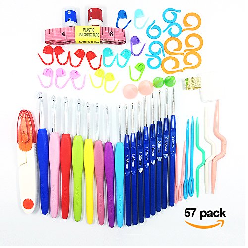 ilauke 57 kit à tricoter crochet outils avec boîte de 16pcs aiguilles à crochet 0.6mm-6mm poignée en caoutchouc multicolore code EAN B01IVGIEH0 