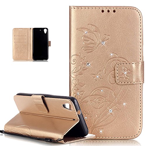 ikasus Coque HTC Desire 626G,Etui HTC Desire 626G, ikasus® Bling Bling Gliter Sparkle Diamant Rhinestone Coque HTC Desire 626G Bookstyle Étui Housse en Cuir Case, Motif Gaufrage Fleur Vines Papillons Etui Housse Cuir PU Portefeuille Folio Flip Case Cover Wallet Coque Protection Étui avec Flex Soft Silicone TPU et Fonction Support Fermeture Aimantée Carte de crédit Logement Poches Case Coque Housse Étui pour HTC Desire 626G - D'or code EAN B01JYNGE12 