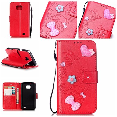 Cozy Hut Coque Etui pour Galaxy S2 i9100 ,Galaxy S2 i9100 Cuir Portefeuille Coque Housse,Galaxy S2 i9100 Wallet Case Cover Leather,Cozy Hut Etui de protection Case Cover PU cuir Portefeuille pour Galaxy S2 i9100 ,Papillon et Fleur incrusté Brillant Glitter Diamant Strass Flip Housse de protection Cas Cover Coquille Couverture avec Stand et les fentes de carte de crédit pour Samsung Galaxy S2 i9100 - rouge code EAN B01LLE97WK 