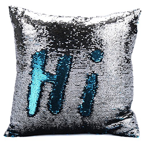 Janecrafts Taie d'oreiller satin réversible deux couleurs sequin lit de couverture oreiller coussin - 16x16" (argent et bleu) code EAN B01M24KJ92 