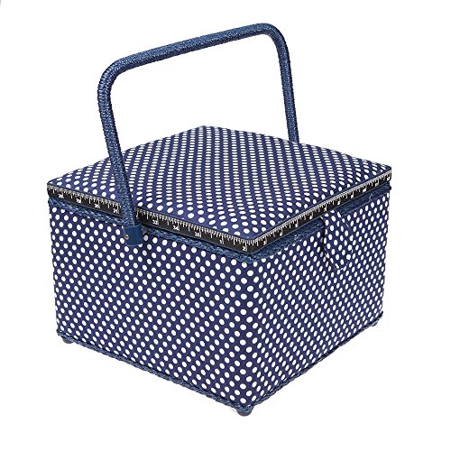 Boite à couture carré bleu à pois blanc - Grande